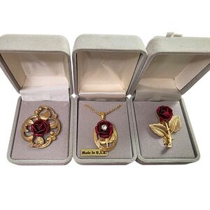 Vintage Red Rose Jewelry Set 2 Brooches 1 Necklace Gold Tone Made in USA 1980'S